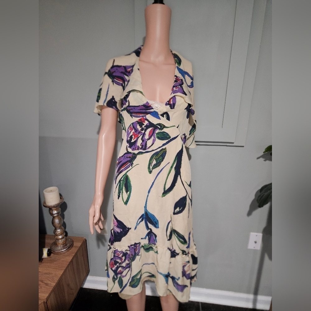 Anthropologie COREYLYNN CALTER 100% Silk Floral Cape Sleeve Dress – Size 14 - Picture 5 of 16